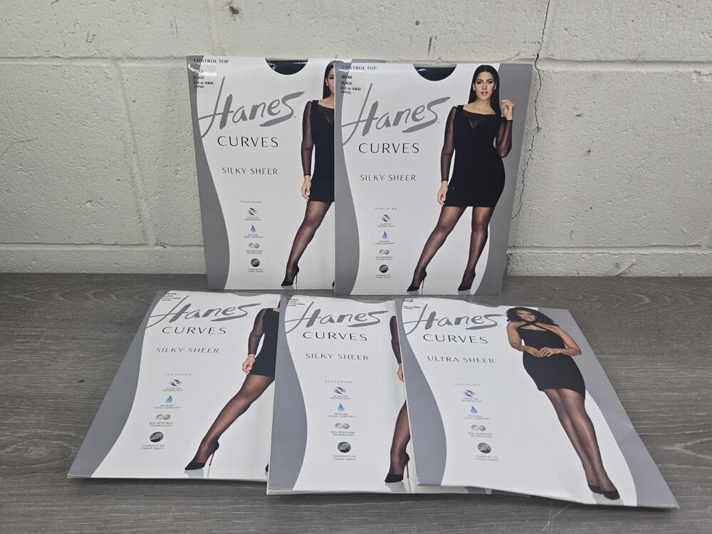 5 New Hanes Curves Silky Sheer Control Top 3x /4x Nude And Black Pantyhose